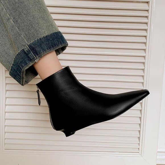 Beauty Cry Ankle Boot Women's Black Leather Square Toe Back Zipper Low Heel - Picture 8 of 9